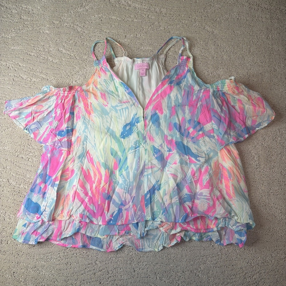 Women's Lilly Pulitzer XS Bellamie Cold Shoulder Top Sparkling Sands Print Beach